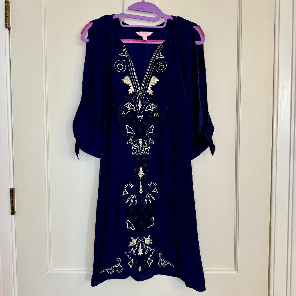 Lilly Pulitzer Bryce Navy Silk Gold Embroidered Mini Dress Size XS